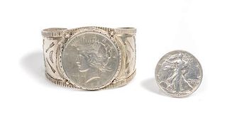 Southwestern Silver and 1928 Liberty Dollar Cuff Bracelet Length of bracelet 5 3/4 x opening 1 x width 1 5/8 inches