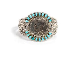 Southwestern Silver, Turquoise and 1972 Kennedy Half Dollar Cuff Bracelet Length 5 5/8 x opening 1 x width 1 7/8 inches