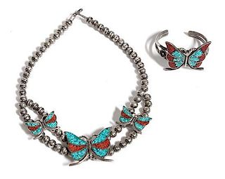 Navajo Chip Inlay Butterfly Necklace and Bracelet Length of necklace 17 1/2 inches