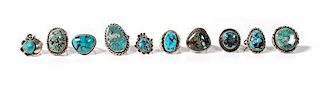 Ten Navajo Silver and Turquoise Rings
