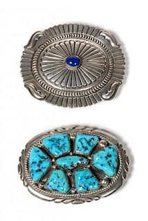 Zuni Silver and Turquoise Belt Buckle, Robert and Bernice Leekya Height 2 x width 2 3/4 inches