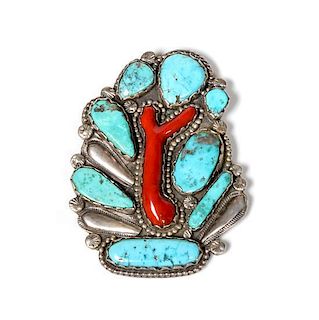 Zuni Silver, Turquoise and Coral Brooch, attributed to Dan Simplicio Height 4 1/4 inches