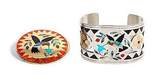 Zuni Inlaid Brooch and Bracelet, Dennis and Nancy Edaakie (b. 1931, b. 1937) Length 6 x opening 1 1/4 x width 1 11/16 inches