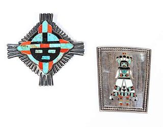 Two Zuni Brooches Height of first 2 5/8 x width 2 1/8 inches