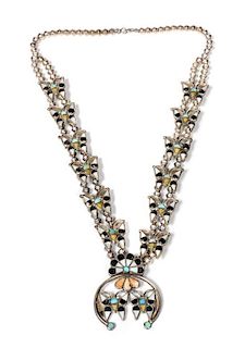 Zuni Silver and Multi-Stone Inlay Butterfly Squash Blossom Necklace Length 24 inches