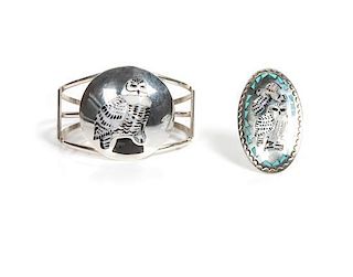 Zuni Silver and Multi-Stone Pictorial Cuff Bracelet and Ring, Quintin Quam Length 5 1/4 x opening 1 1/8 x width 1 5/8 inches