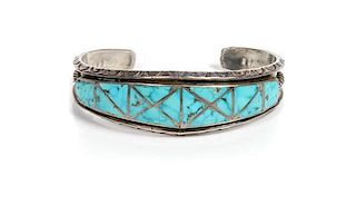 Zuni Silver and Turquoise Flush Inlay Bracelet Length 5 1/8 x opening 1 x width 3 /4 inches