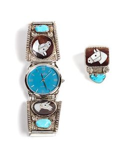 Zuni Silver, Turquoise and Multi-Stone Inlay Watch Band and Ring, Isabel Simplicio Length of watchband 6 1/2 inches