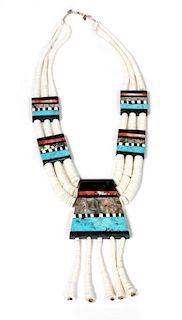 Santo Domingo Necklace Shell and Mosiac Inlay Length 22 inches. Pendant 6 inches