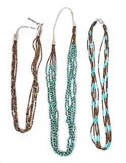 Three Southwestern Turquoise and Shell Heishi Necklaces Length of longest 25 inches