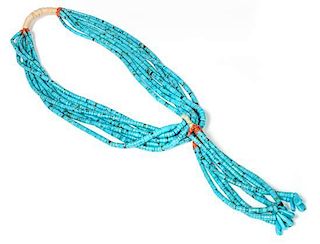 Santo Domingo Multi-Strand Turquoise and Coral Heishi Necklace Length 22 inches, length of jocla 6 inches