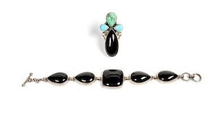 Southwestern Silver and Onyx Link Bracelet and Ring Length of bracelet 6 1/2 inches