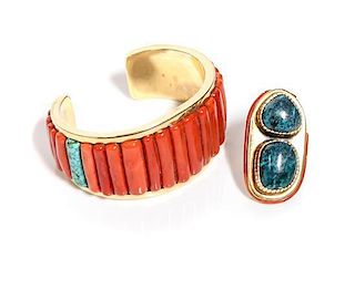 Southwestern Yellow Gold, Coral and Turquoise Cuff Bracelet by Anthony Sanchez Length 5 3/4 x opening 1 1/4 x width 1 5/8 inc