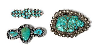 Three Southwestern Silver and Turquoise Pins Height of largest 3 inches