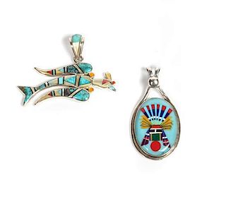 Two Southwestern Silver and Multi-Stone Inlay Pendants Length of first 2 inches