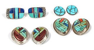 Four Pairs of Southwest Multi-Stone Mosaic Earrings