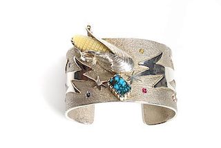 Southwest Style Silver Cuff Multi-Gem Bracelet by Andrew Alvarez Length 5 1/4 x opening 1 1/8 x width 1 3/8 inches