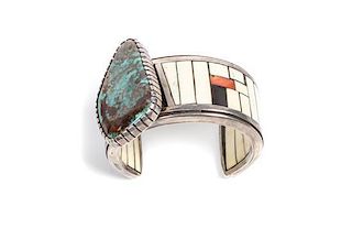 Southwestern Silver, Turquoise and Multi-Stone Bracelet Length 4 7/8 x opening 1 3/8 x width 2 inches