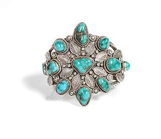 Southwestern Silver and Fox Turquoise Bracelet Length 5 3/8 x opening 1 x width 2 inches
