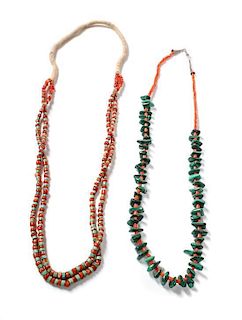 Two Southwestern Coral Necklaces Length of longer approximately 14 inches