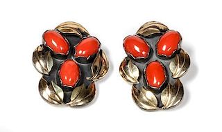 Southwestern Gold on Silver and Coral Clip Earrings Height 1 1/2 inches