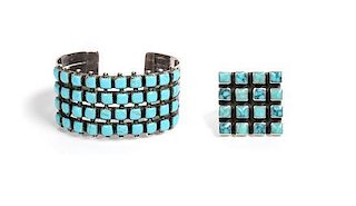 Southwestern Silver and Turquoise Cuff Bracelet and Ring Length of bracelet 5 3/4 x opening 1 x width 1 1/4 inches