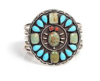 Southwestern Silver and Turquoise Cuff Bracelet Length 5 3/4 x opening 1 1/8 x width 2 3/8 inches