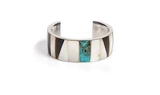 Southwestern Silver, Turquoise, Mother of Pearl and Iron Wood Cuff Bracelet Length 5 3/8 x opening 1 1/2 x width 1 inches