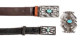 Three Southwestern Sand-Cast Silver and Turquoise Belt Buckles Height of larger 2 3/8 x width 3 5/8 inches