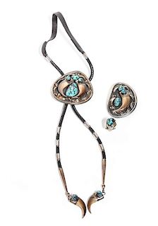 Southwestern Silver, Gold Turquoise and Claw Fancy Bolo, Belt Buckle and Ring, Anthony Sanchez Length of buckle 3 /12 inches