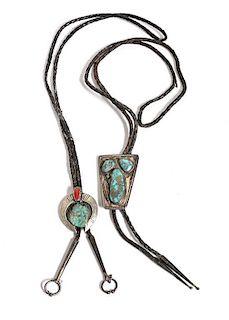 Two Southwestern Silver and Turquoise Bolos Height of larger 2 5/8 inches