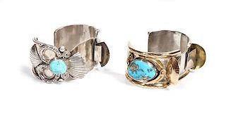 Two Southwestern Silver and Turquoise Watch Bands Length of first 5 7/8 x opening 1 1/2 x width 1 3/8 inches