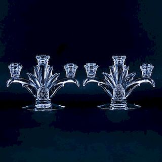 Pair of Heisey Plantation Three Light Glass Candelabra with Pineapple Motif. Good condition. Measur