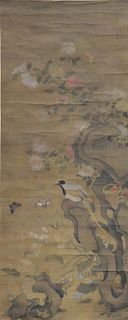 Chinese scroll painting on silk of bird perched on rock wall with flowering threes, 18th/19th century. <R>image size: 56" x 2