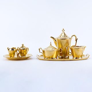 Seven (7) Vintage Pickard Gold Encrusted Floral Porcelain Tableware. Includes: Thomas Bavaria teapo