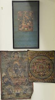 Three Tibetan tangka, one framed under glass with mythological foo dog on horse painted on cloth (26 1/2" x 14"), an oil on c