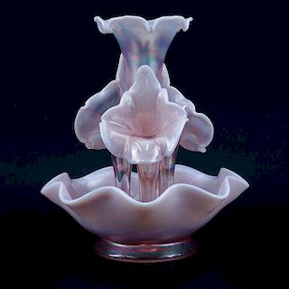 Fenton 4 Horn Iridescent Glass Epergne. One horn has a chip to the bottom portion of the stem (not