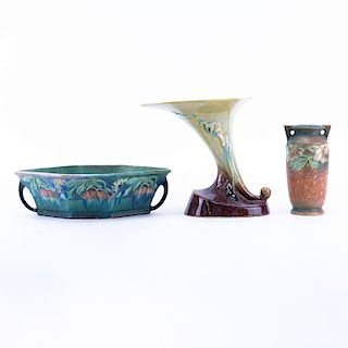 Three (3) Roseville Pottery Tableware. Includes: cornucopia 222-8, handle vase, and handled bowl. A