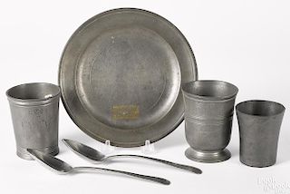 Pewter plate, cups, and spoons