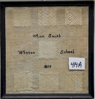 Needlework Darning sampler, Weston School, Westtown "Ann Smith 1809".  8" x 7 3/4"Provenance: From the Estate of Faith K. Ti