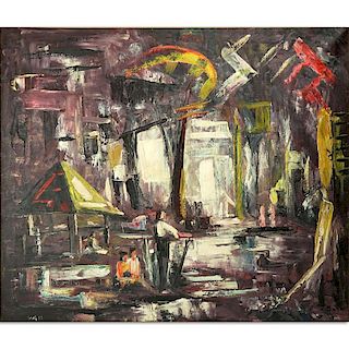 Lewis Vandercar, American  (1913 - 1988) Oil on Canvas, Untitled Abstract with Figures in Outdoor S