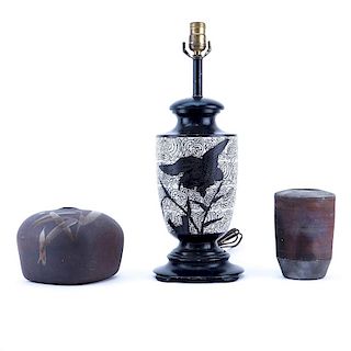 Grouping of Tableware consisting of a Korean Bronze Vase Mounted as Lamp, Chapman pottery vase, and