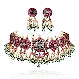 A Ruby Diamond Emerald and Pearl Indian Necklace and Earring Set