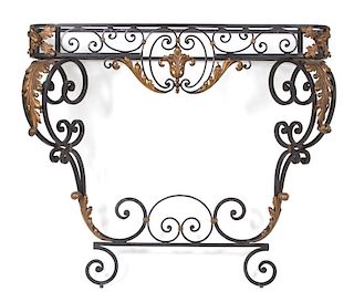 A French Rococo Revival Gold Painted and Wrought-Iron Marble Top Console Table Height 39 x width 43 x depth 13 1/4 inches.