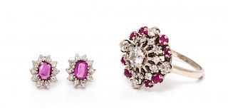 A Collection of 14 Karat White Gold, Ruby and Diamond Jewelry, 7.15 dwts.