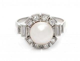 A White Gold, Cultured Pearl and Diamond Ring, 5.40 dwts.