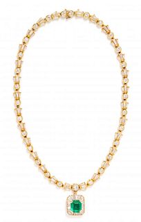 An 18 Karat Yellow Gold, Diamond and Emerald Pendant/Necklace, 23.10 dwts.