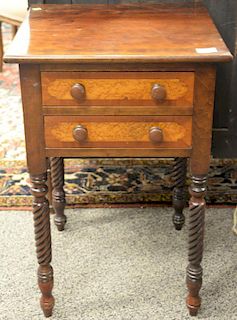 Sheraton two drawer stand with birdseye maple paneled drawer fronts on spiral turned legs, circa 1830. height 27 inches, top