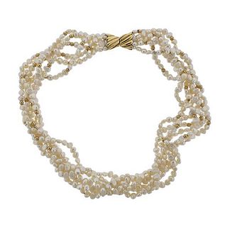 14k Gold Pearl Multi Strand Necklace