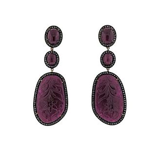 Silver Gold Carved Ruby Diamond Drop Earrings